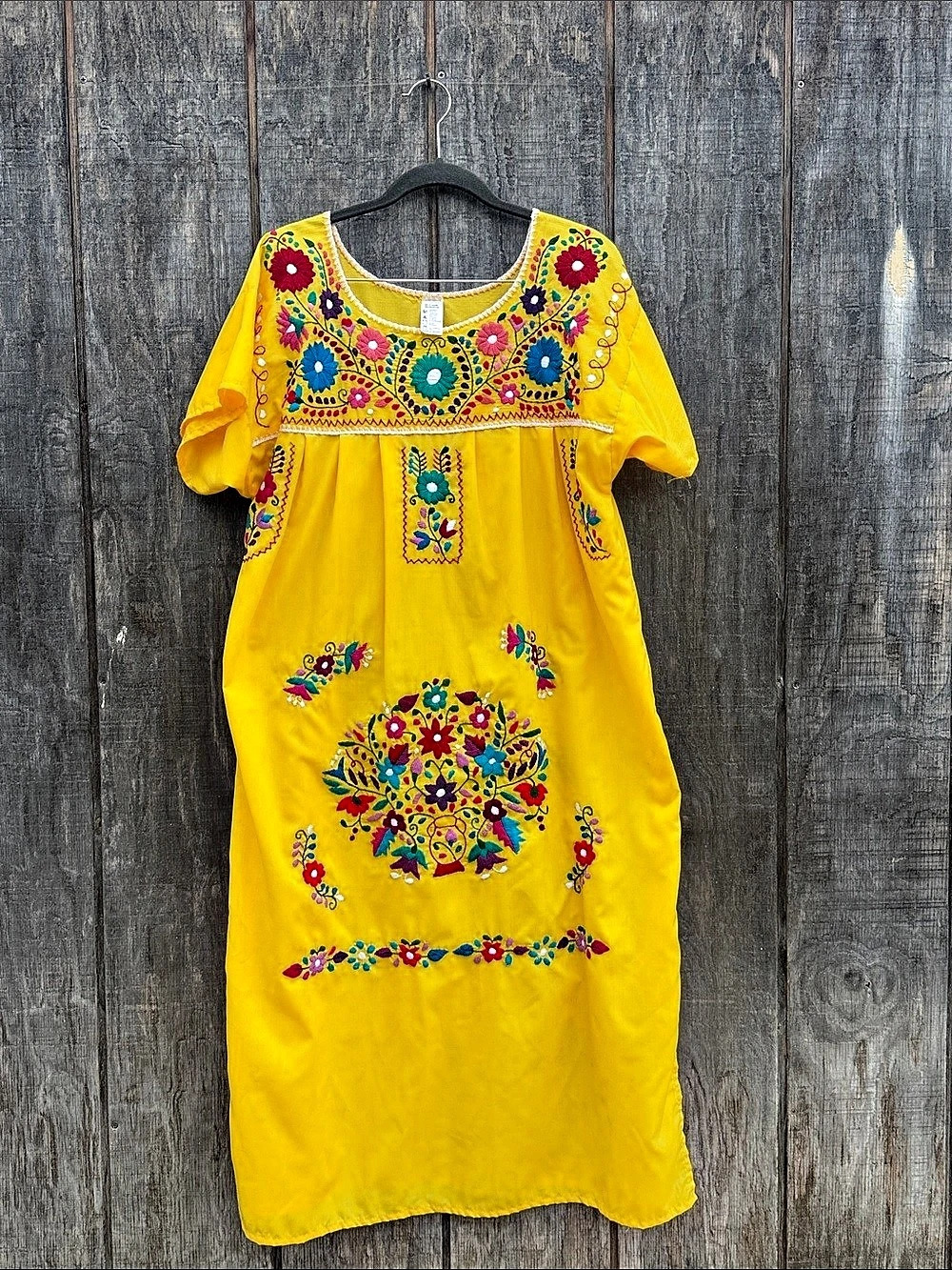 Handmade Mexican Culture Embroidered Floral Midi Dress in Vibrant Yellow